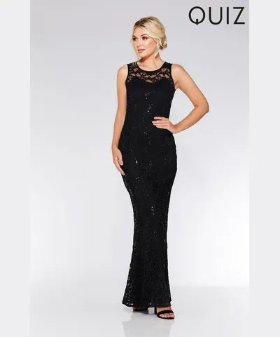 Maxi dress with floral applique -Black Lace Fishtail Maxi Dress