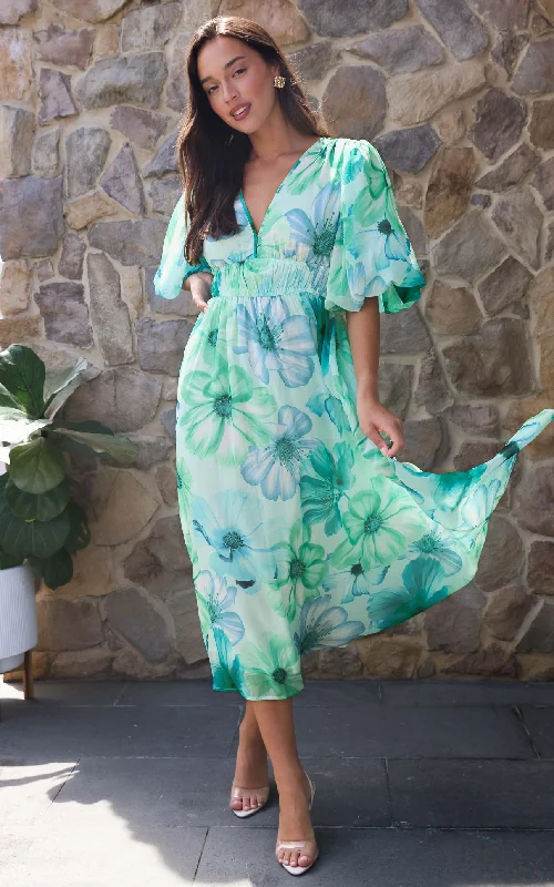 Maxi dress for evening -Diana Short Sleeve Maxi Dress - Green Blue Floral