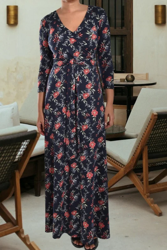 Maxi dress for women -Ladies Navy Floral Tie Maxi Dress