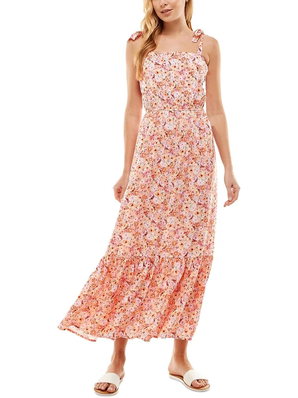 Maxi dress with waist tie -Juniors Womens Floral Print Long Maxi Dress