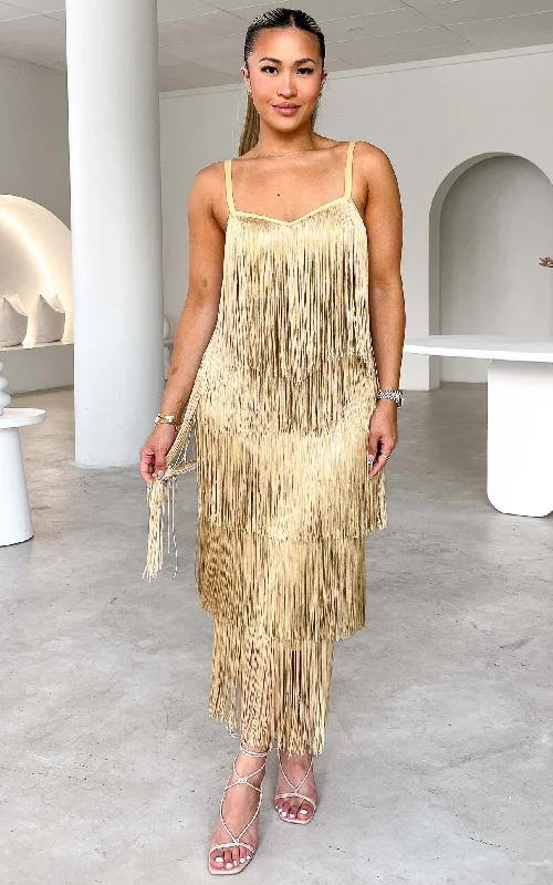 Maxi dress for evening gala -You Found Me Fringe Tassel Maxi Dress - Gold