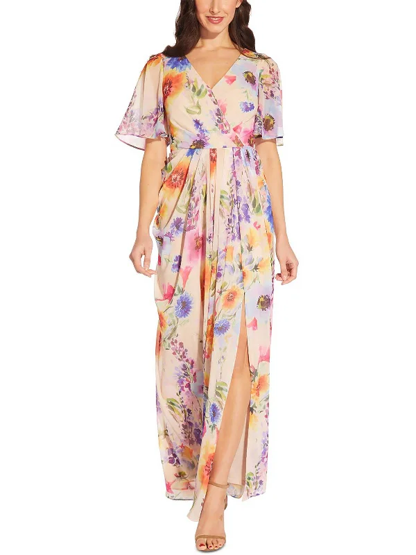 Maxi dress for vacation -Womens Floral Flutter Sleeve Maxi Dress