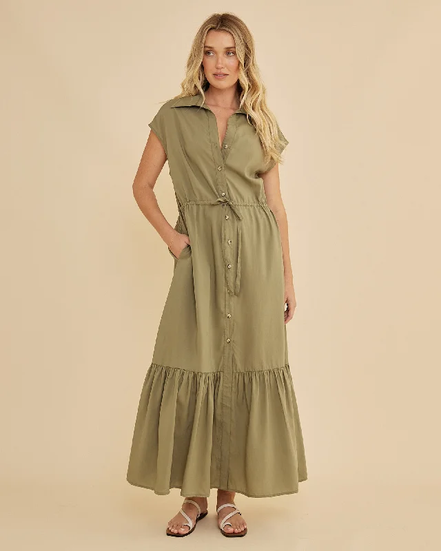 Maxi dress with floral applique -Kate Buttoned Maxi Dress - Olive