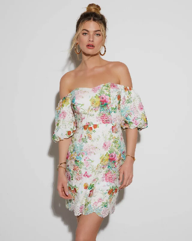 Mini dress for a romantic dinner -Ariana Off The Shoulder Floral Mini Dress