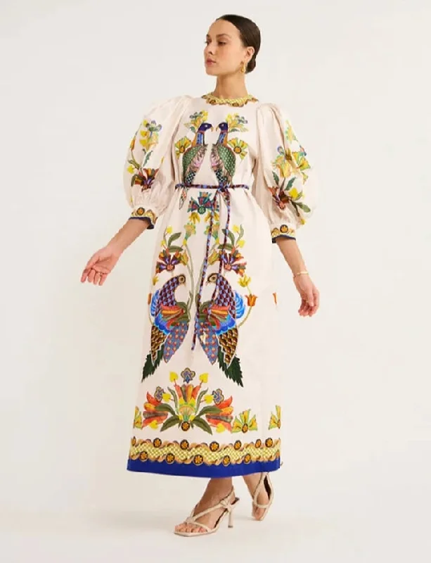 Maxi dress with satin finish -Boho Dress Peacock Printed Lantern Long Sleeve Lace Up Maxi Dress