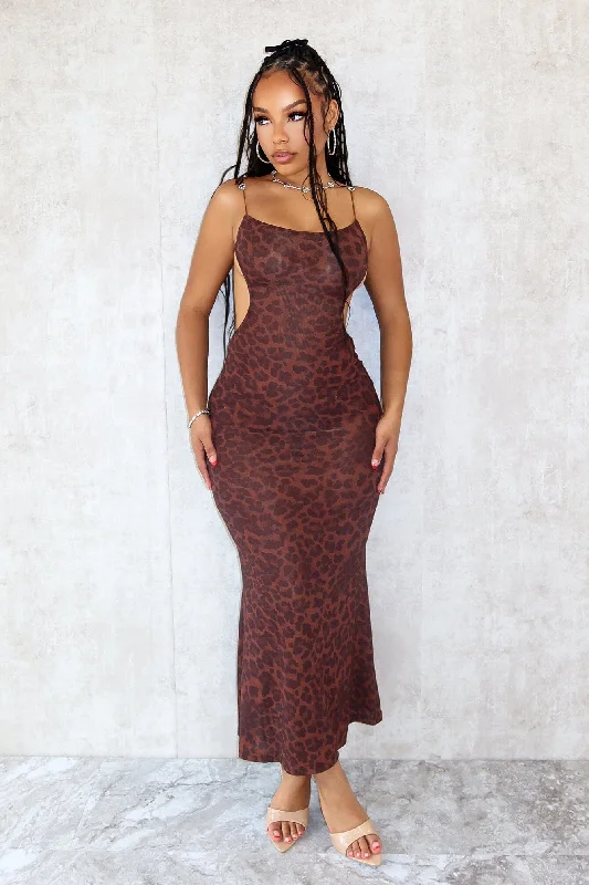 Maxi dress with satin ribbons -Born To Be Wild Print Mesh Long Dress