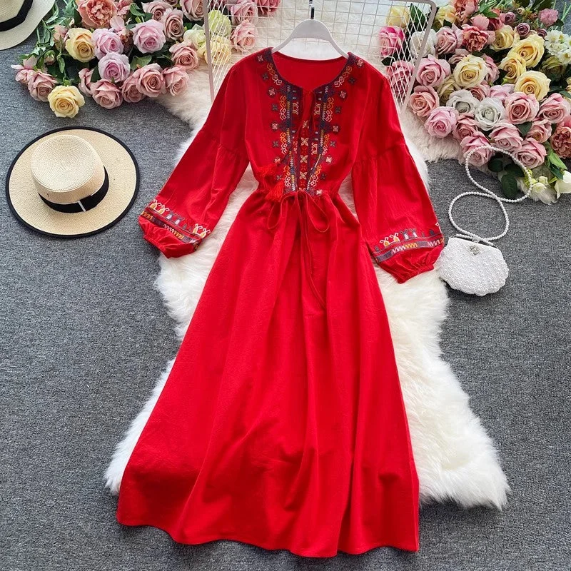 Summer maxi dress -holiday dress women's bohemian beach dress embroidered lantern sleeve style long skirt    S3983