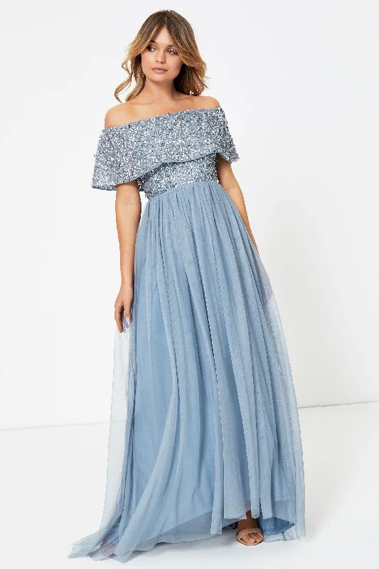 Maxi dress for garden party -Embellished Bardot Maxi Dress Blue