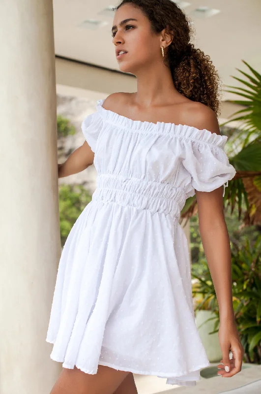 Mini dress with asymmetrical hem -Butterfly Bliss Off Shoulder Mini Dress