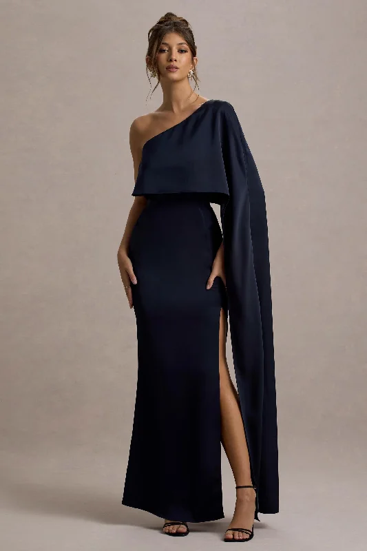 Maxi dress for prom -Amora | Navy Satin Asymmetric Cape-Sleeve Split Maxi Dress