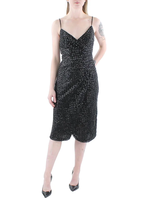 Midi dress with pleated sleeves -Womens Sequined Midi Cocktail and Party Dress