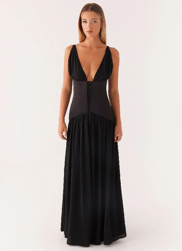 Maxi dress for party -Dafina Satin Maxi Dress - Black