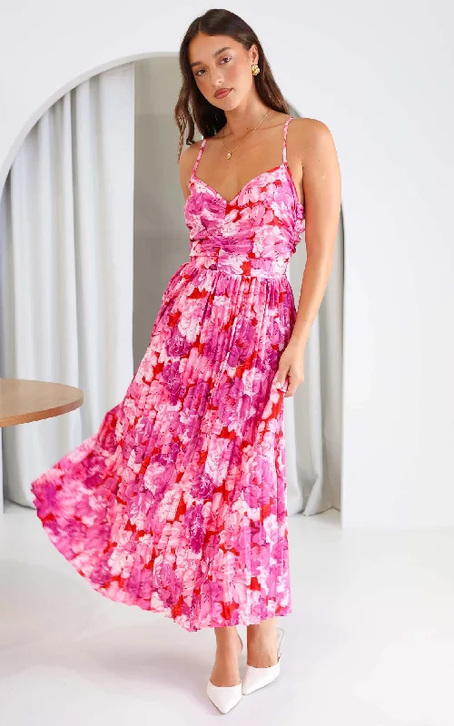 Maxi dress with long sleeves -Mallory Maxi Dress - Pink Red Floral