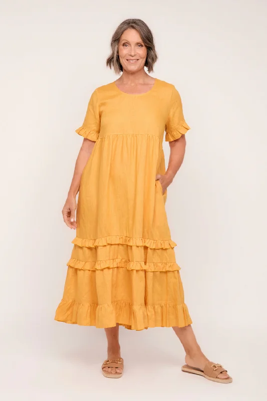 Maxi dress with wrap-around style -Sabre Linen Frill Dress in Golden Hour