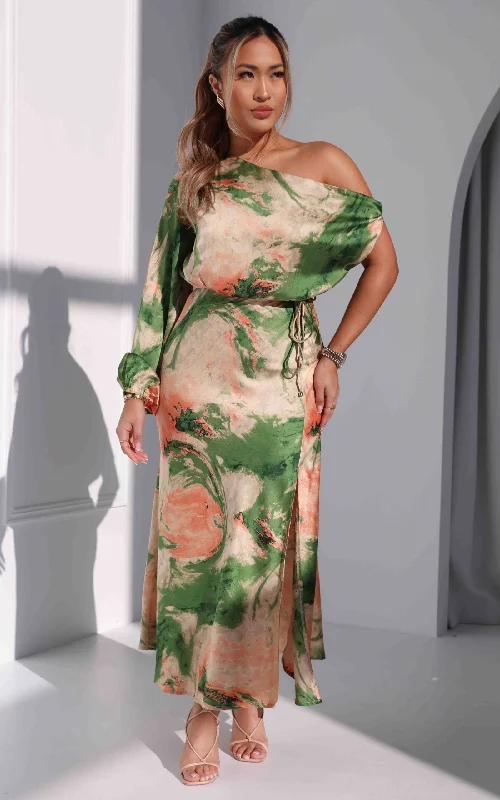 Maxi dress with belt -Martisha Long Sleeve Maxi Dress - Green Peach Multi Print