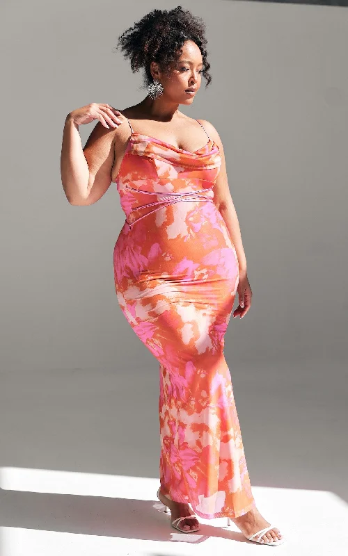 Maxi dress with floral lace -Lizzie Mesh Maxi Dress - Pink Orange Print