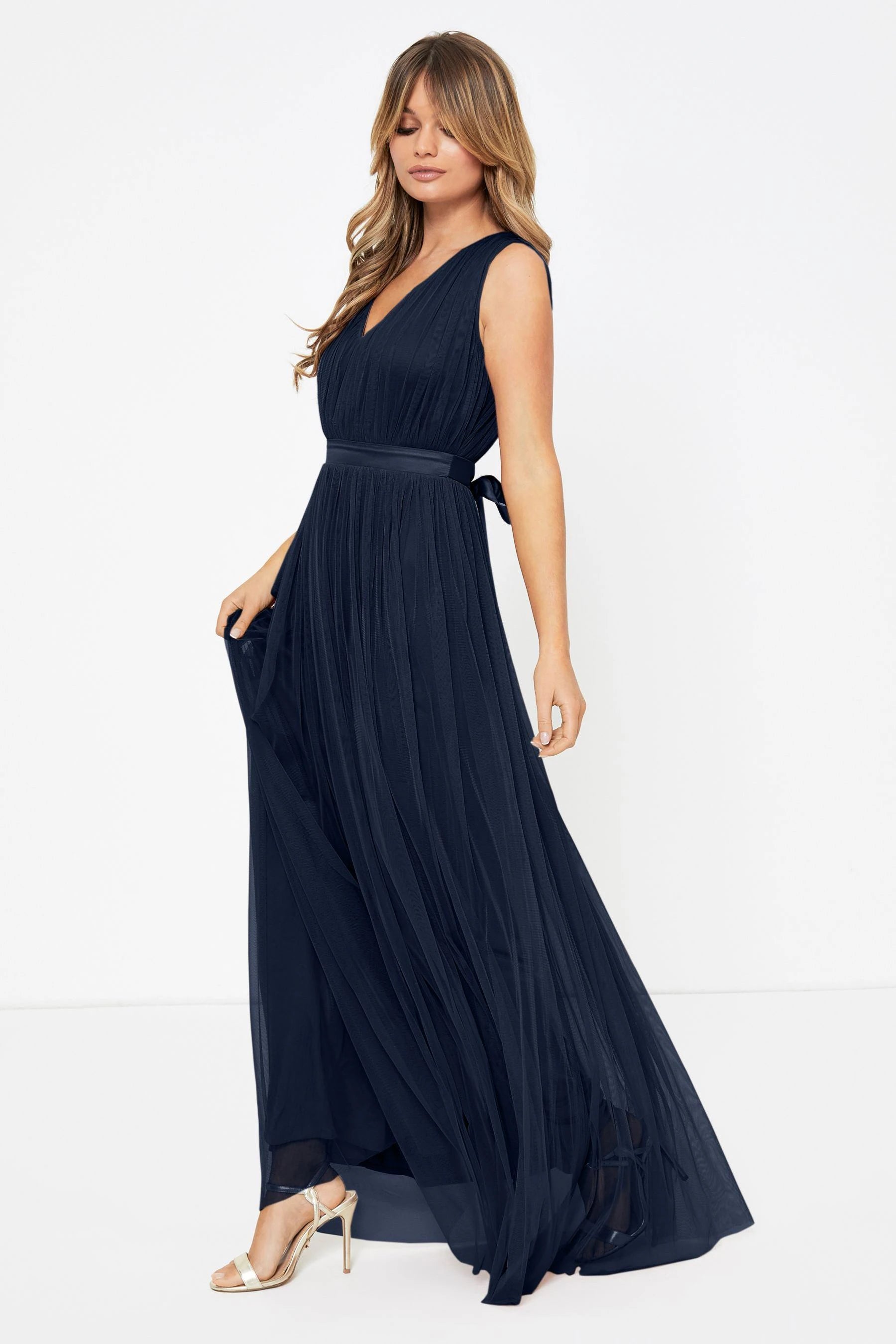 Maxi dress with asymmetrical design -Navy Tulle Maxi Dress