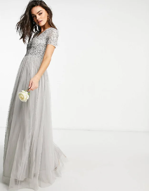 Maxi dress with crisscross back -Grey V-Neck Short Sleeve Sequin Maxi Dress