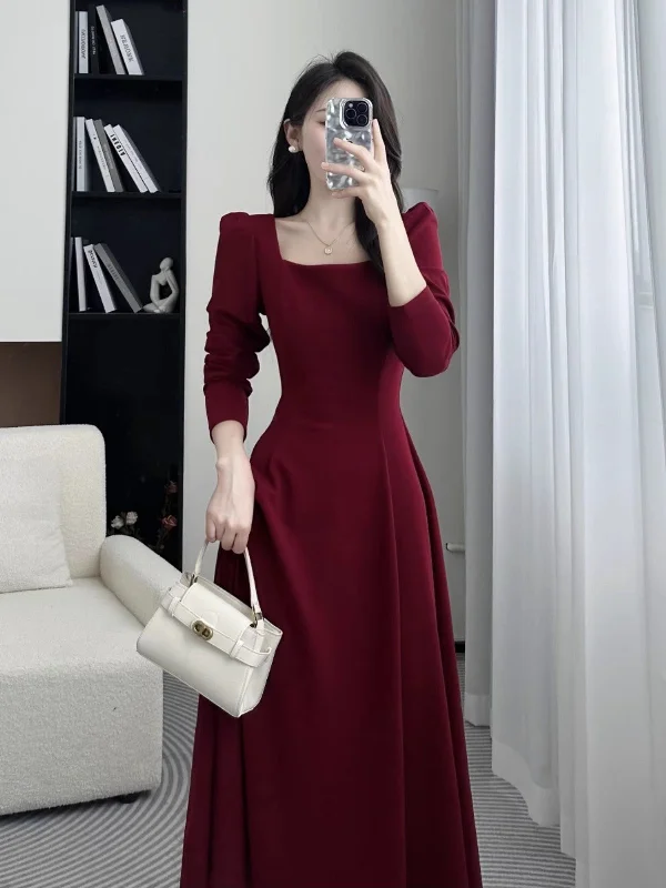 Maxi dress with rhinestones -Red Dress Women's 2023 Square Neck Mid-Long  Skirt    S3467