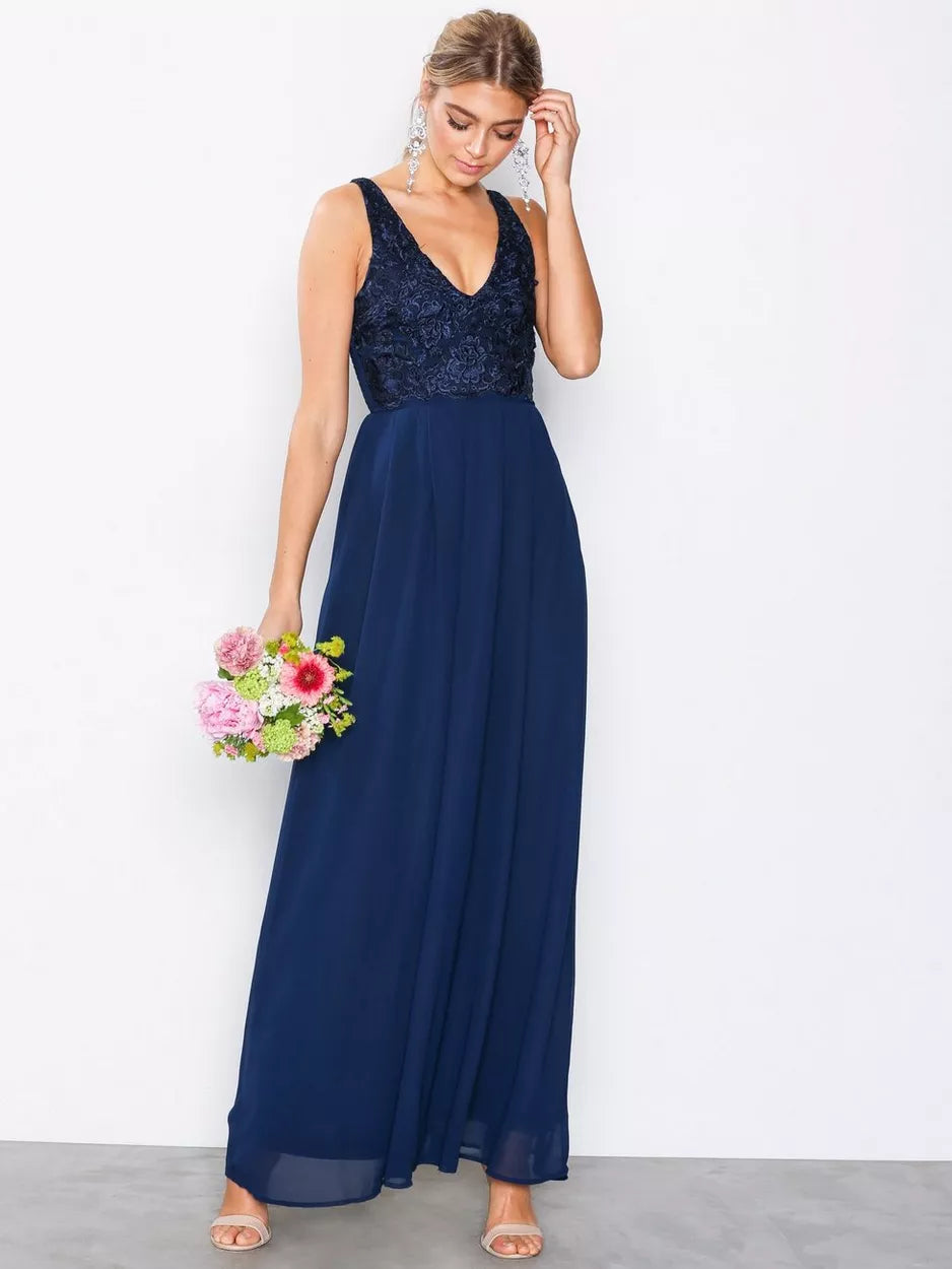 Maxi dress with side slit -Navy Lace Maxi Dress