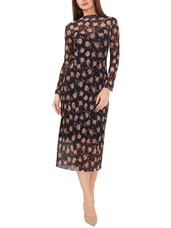 Midi dress with ruched bodice -Womens Floral Print Mock Neck Midi Dress