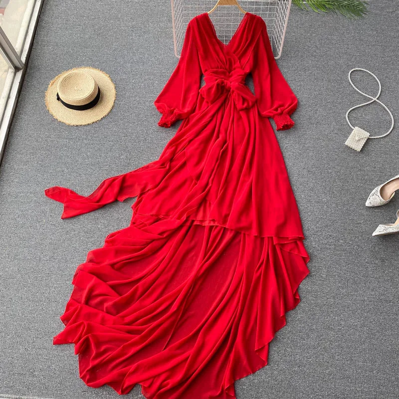 Maxi dress for fancy dinner -Red Irregular Long Dress    S581