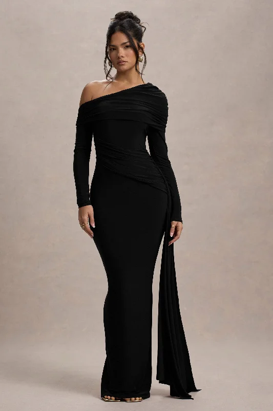 Sleeveless maxi dress -Valina | Black Ruched Asymmetric Maxi Dress With Drape