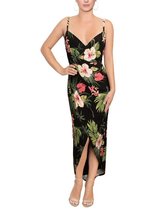 Maxi dress with velvet fabric -Womens Floral Long Wrap Dress