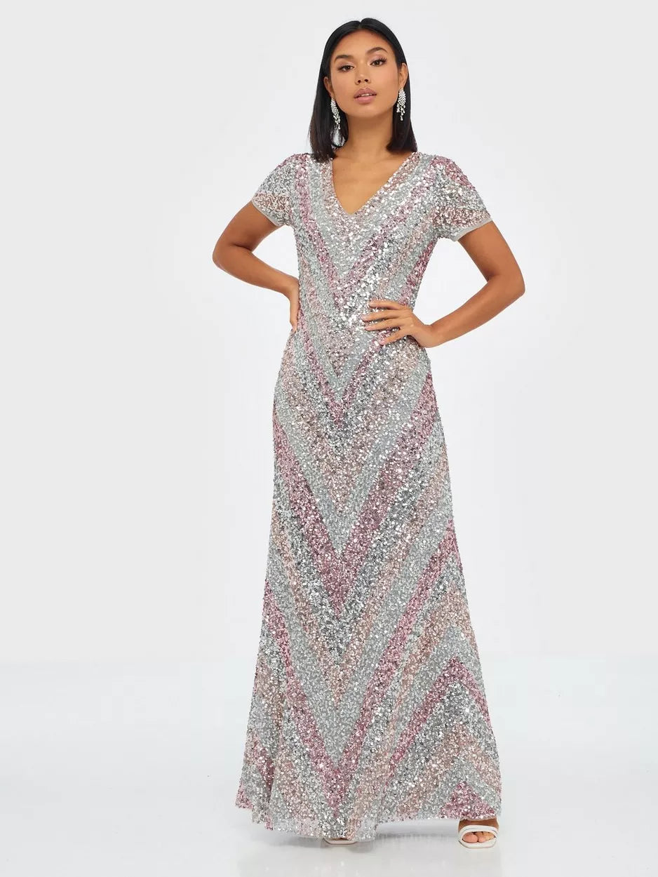 Maxi dress with belt -All Over Embellished Chevron Maxi Dress