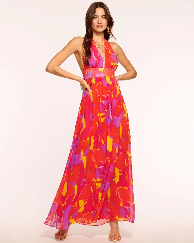 Maxi dress with tiered skirt -Susie Plunging Halter Maxi Dress