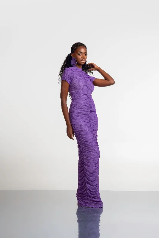 Maxi dress with floral applique -IZA PURPLE RUCHED MAXI MESH DRESS