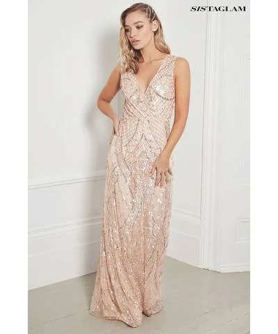 Maxi dress for upscale events -Embellished Sleeveless Maxi Dress Blush Pink