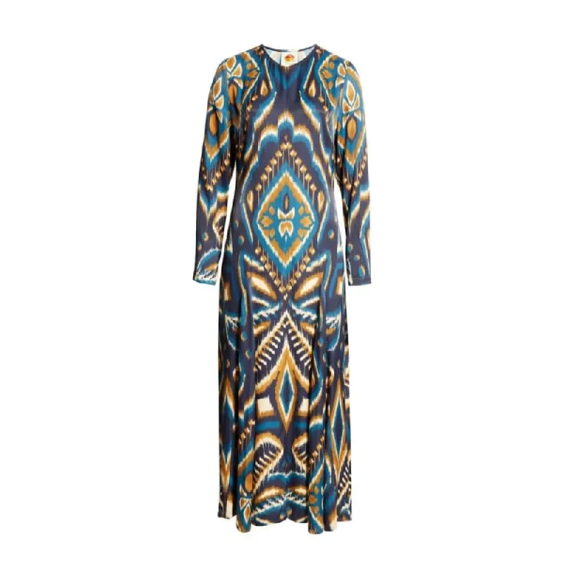 Maxi dress for garden party -Farm Rio Womens Long Sleeve Satin Maxi Dress Pineapple Ikat Blue