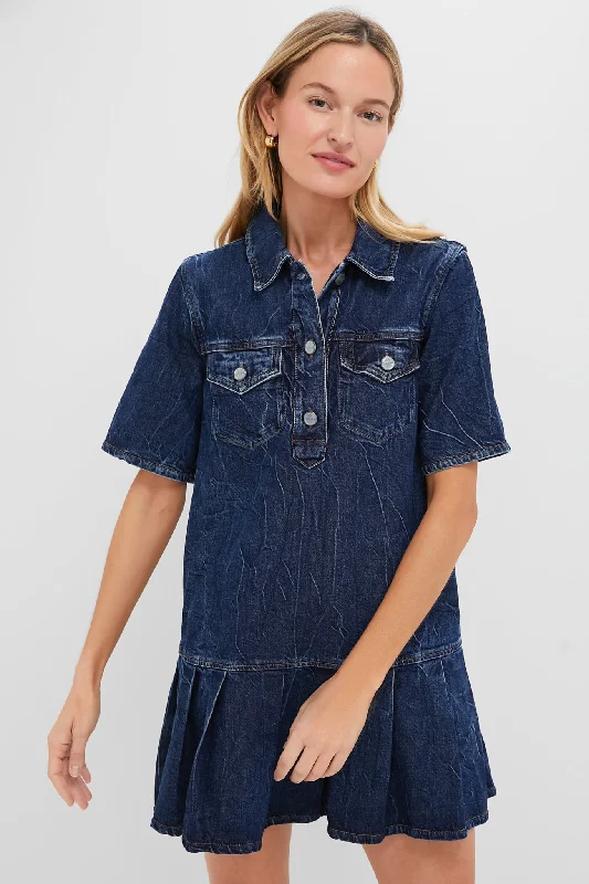 Mini dress with satin finish -Mid Blue Stone Crinkled Future Denim Mini Dress