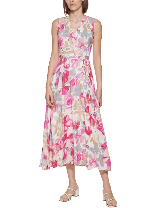 Midi dress for cocktail party -Womens Faux Wrap Floral Midi Dress