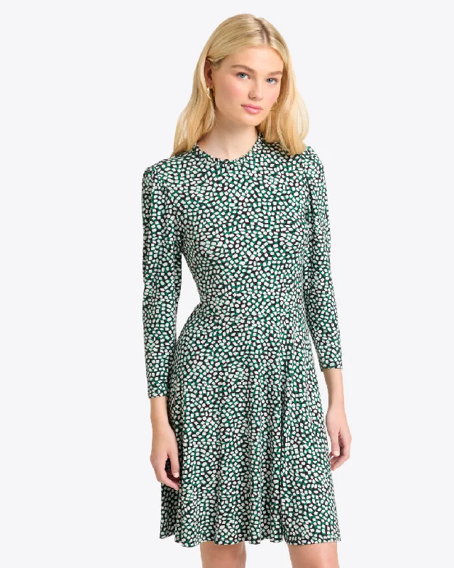 Mini dress with ruffled hem -Julia Mini Dress in Green Square Dot