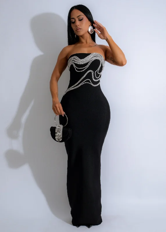 Maxi dress with pleated skirt -Luminous Waves Rhinestone Maxi Dress Black