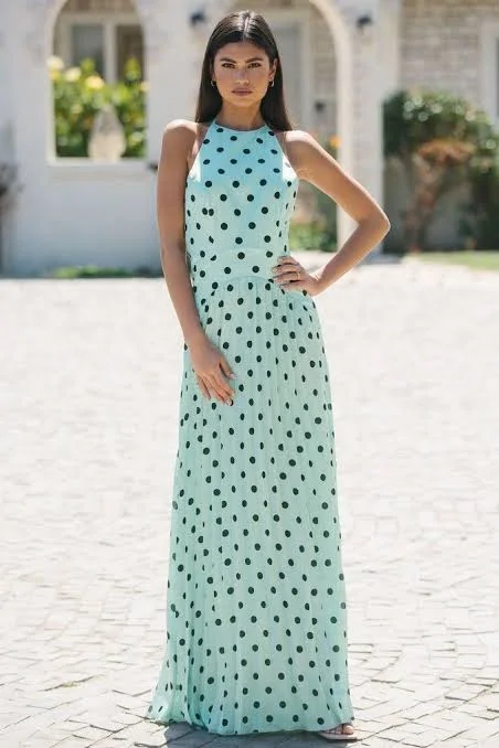 Maxi dress for party -Polka Dot Halterneck Maxi Dress Mint