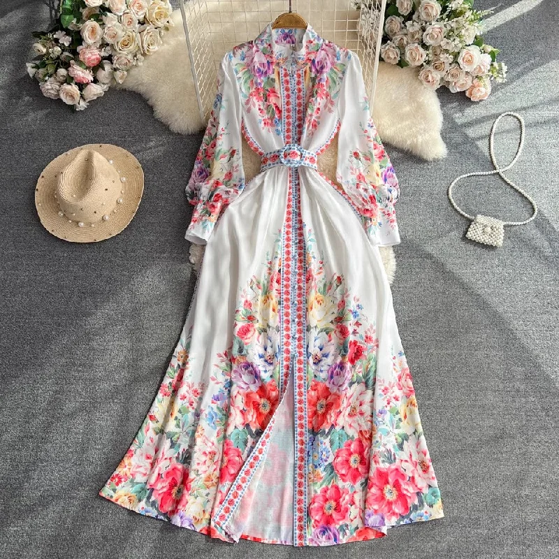 Maxi dress for prom -Retro lantern sleeves a-line printed dress elegant dress long skirt      S3935