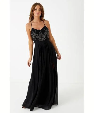 Maxi dress with floral lace -Embellished Maxi Dress Black