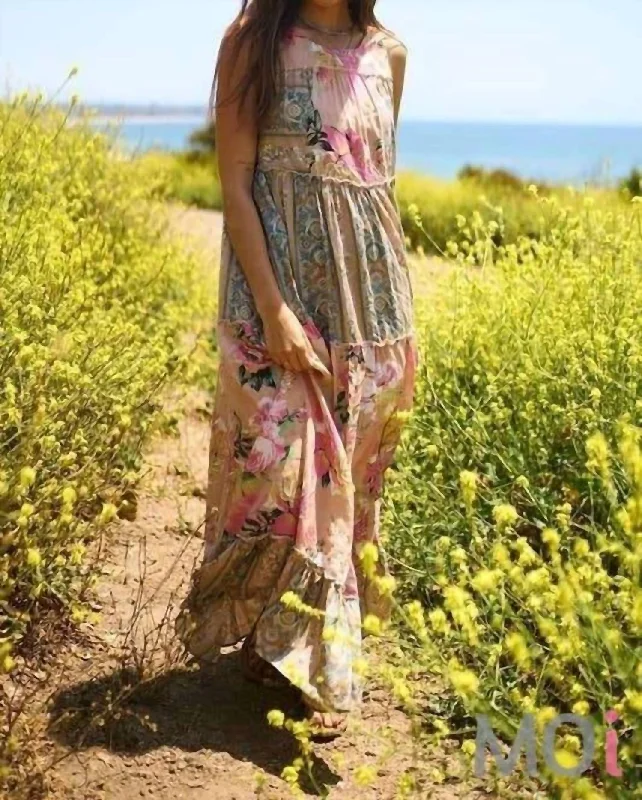 Elegant maxi dress -Floral Boho Mixed Print Maxi In Pink