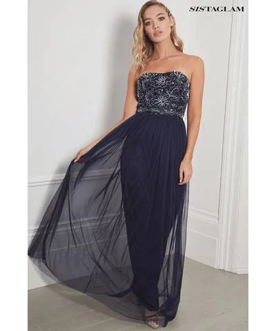 Maxi dress with ruffled hemline -Bandless Navy Beaded Maxi Dress