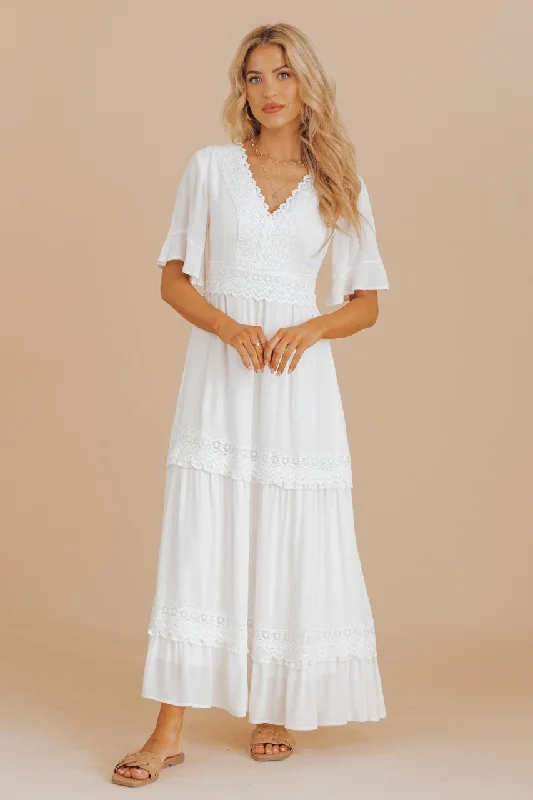 Maxi dress with bodycon fit -White Short Sleeve Lace Maxi Dress