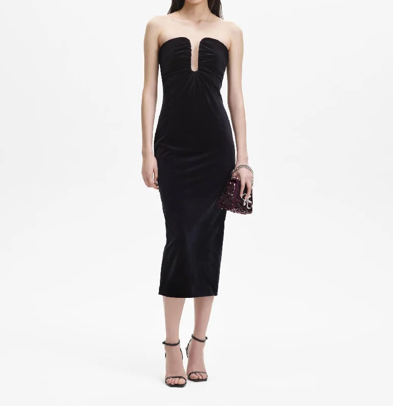 Midi dress with boat neckline -Velvet Strapless Midi Dress In Black