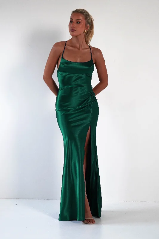 Maxi dress with deep neckline -Celinee Satin Maxi Gown | Emerald Green