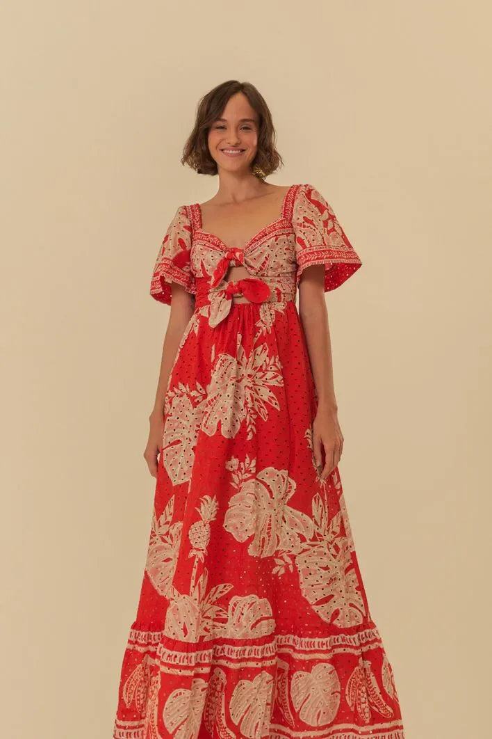 Maxi dress with a wrap design -Vestido Longo Manga Folha de Renda