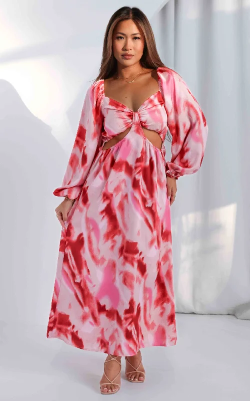 Maxi dress with pleated skirt -Shanade Maxi Dress - Pink Abstract Print