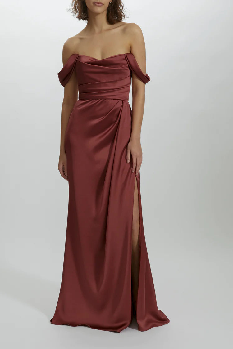 Evening dress with illusion sleeves-Amsale P437S - Off-the-Shoulder Draped Gown