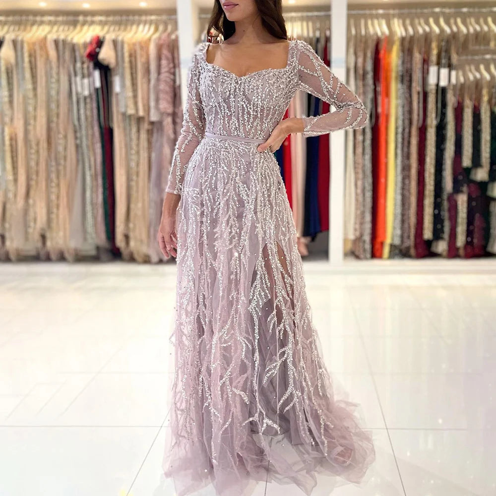 Evening dress with embroidery-Arabic Pink High Split Beaded Luxury Dubai Long Evening Dresses Gowns For Women Wedding Party 2024 LA71917 Customized