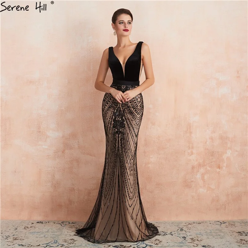 Champagne evening dress-Black Backless Sexy Mermaid Prom Dresses Design 2024 V-Neck Sequins Long Prom Party Dress Serene Hill LA70288